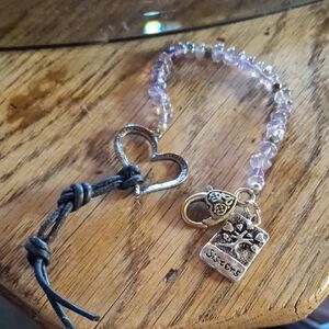 Sisters Heart Charm Bracelet with Lavender Beads